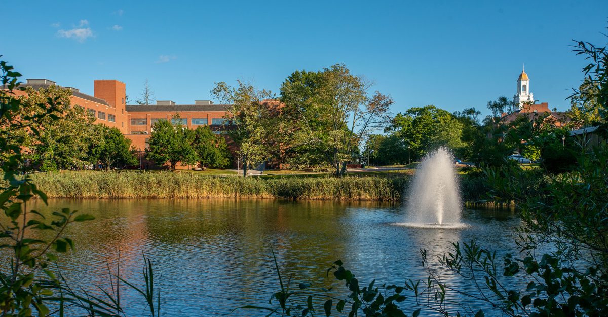 A scenic view of Swan Lake and the Wilbur Cross building on the UConn Storrs campus.