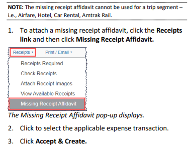 A screenshot of the proceess to account for missing receipts in Concur.